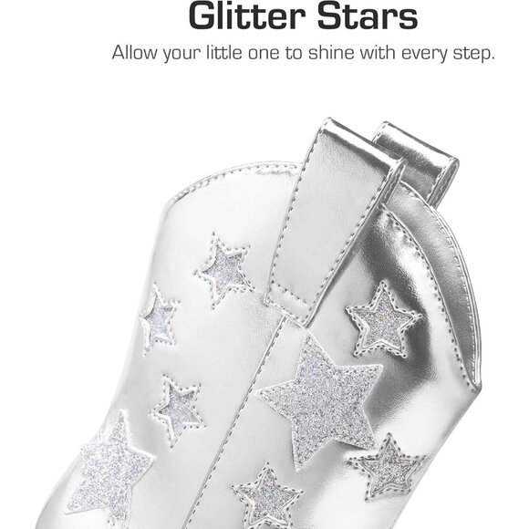 Girls Silver Cowgirl Mid Calf Glitter Western Boots Toddler Star Riding Shoes - Picture 2 of 6